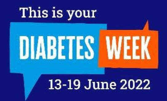 A light blue and an orange speech bubble on a dark blue background with the text 'this your diabetes week 13-19 June 2022' in white on top