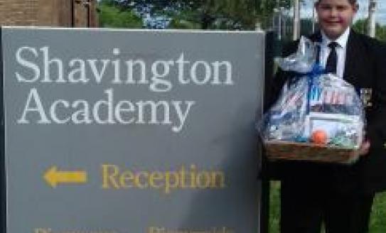 Fabio with his prize hamper outside Shavington Academy