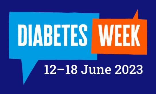 The image shows a dark blue background with text that reads 'Diabetes Week 12 - 18 June 2023'