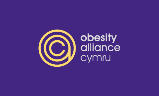 The image shows a purple background with a yellow logo with white text that reads 'obesity alliance Cymru'